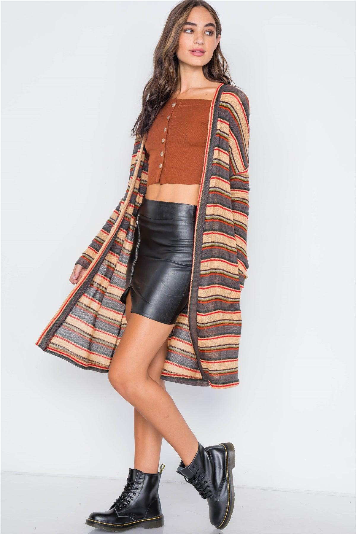 Tan Multi Open Front Long Sleeve Cardigan