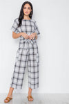 Black Plaid Print Tie Waist Ankle Length Jumpsuit / 2-2-2