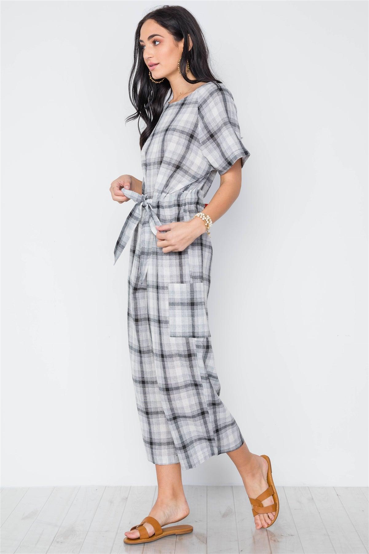 Black Plaid Print Tie Waist Ankle Length Jumpsuit / 2-2-2