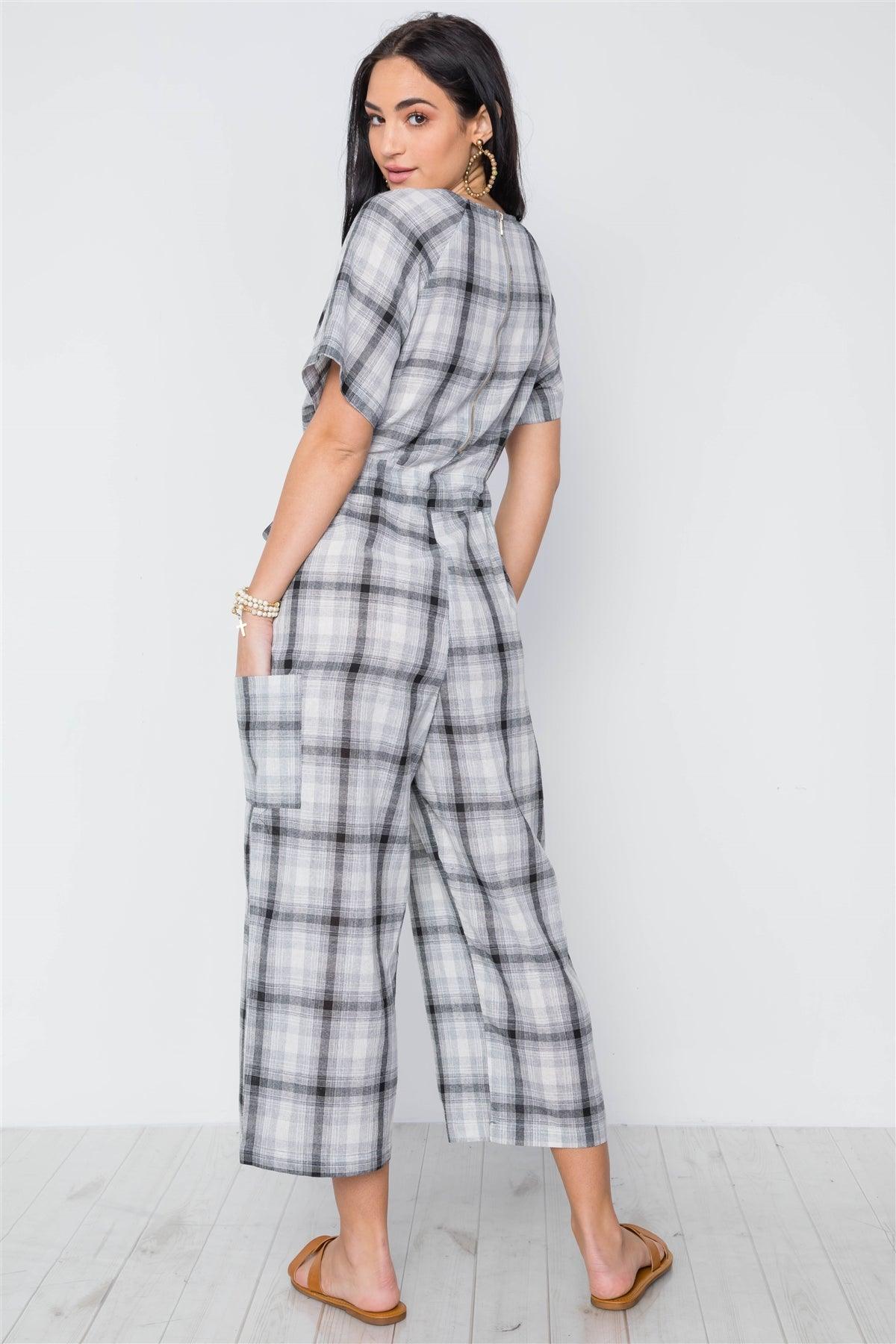 Black Plaid Print Tie Waist Ankle Length Jumpsuit / 2-2-2