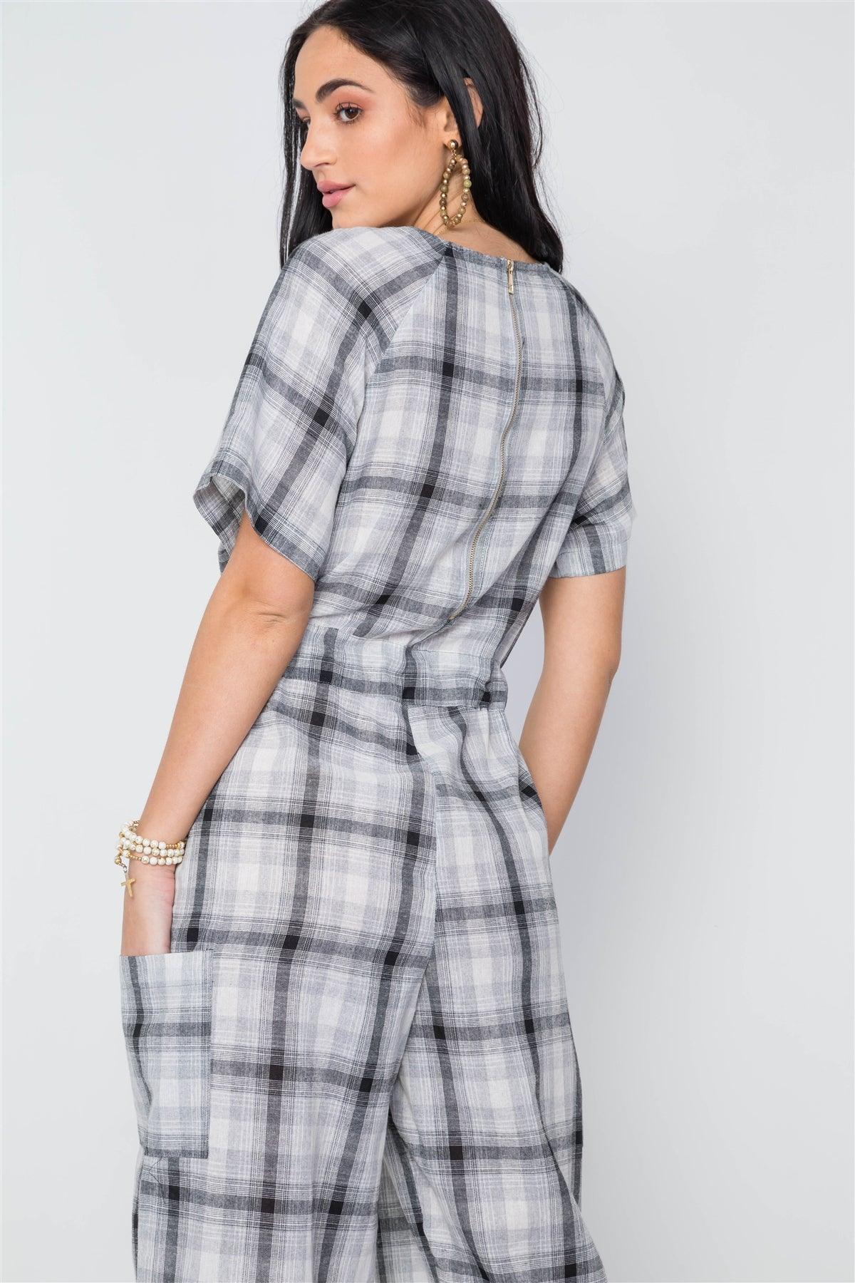 Black Plaid Print Tie Waist Ankle Length Jumpsuit / 2-2-2