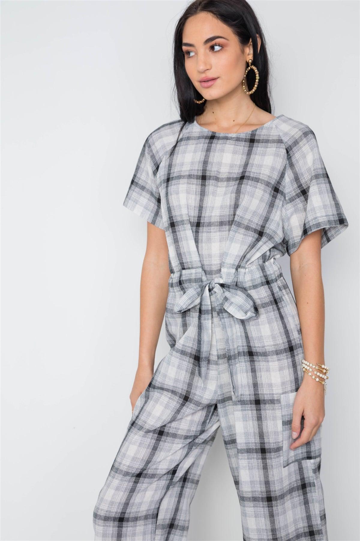 Black Plaid Print Tie Waist Ankle Length Jumpsuit / 2-2-2