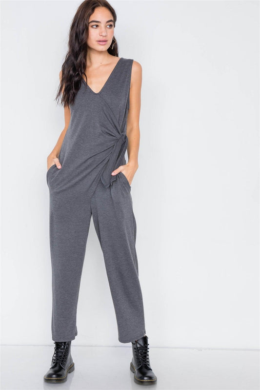 Charcoal Marled Knit Mock Wrap Ankle Length Jumpsuit /1-2-2