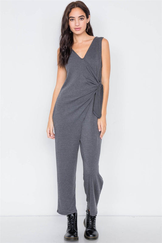 Charcoal Marled Knit Mock Wrap Ankle Length Jumpsuit /2-2-2