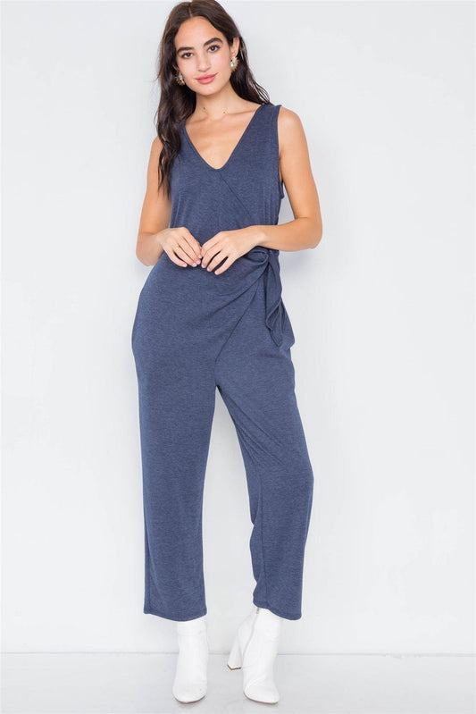 Navy Marled Knit Mock Wrap Ankle Length Jumpsuit  /1-2-2