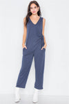 Navy Marled Knit Mock Wrap Ankle Length Jumpsuit  /2-2-2