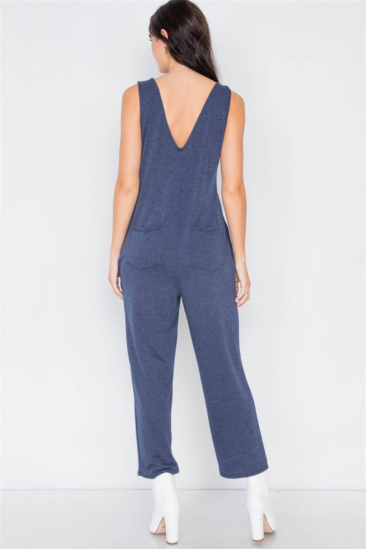 Navy Marled Knit Mock Wrap Ankle Length Jumpsuit  /2-2-2