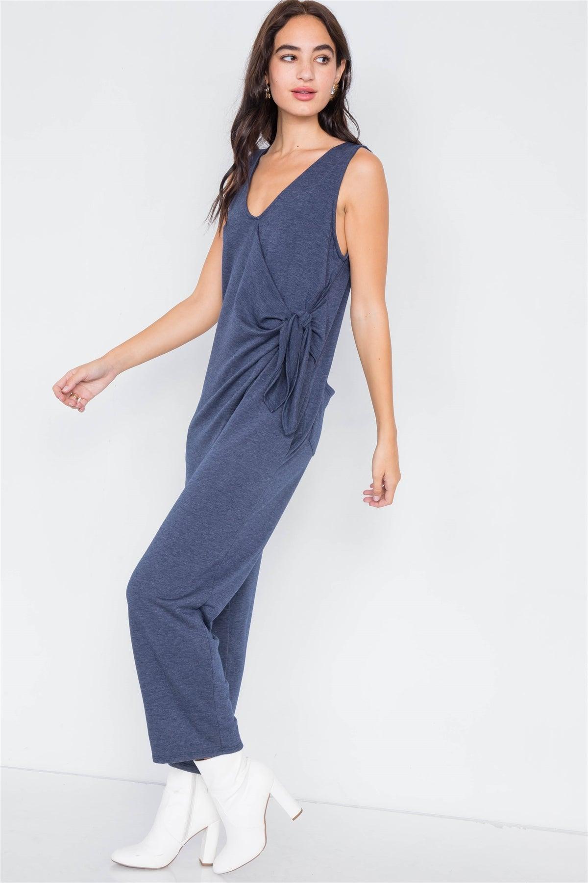 Navy Marled Knit Mock Wrap Ankle Length Jumpsuit  /2-2-2