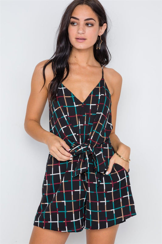 Multi Black Grid Print Cami Tie-Front Romper /2-2-2