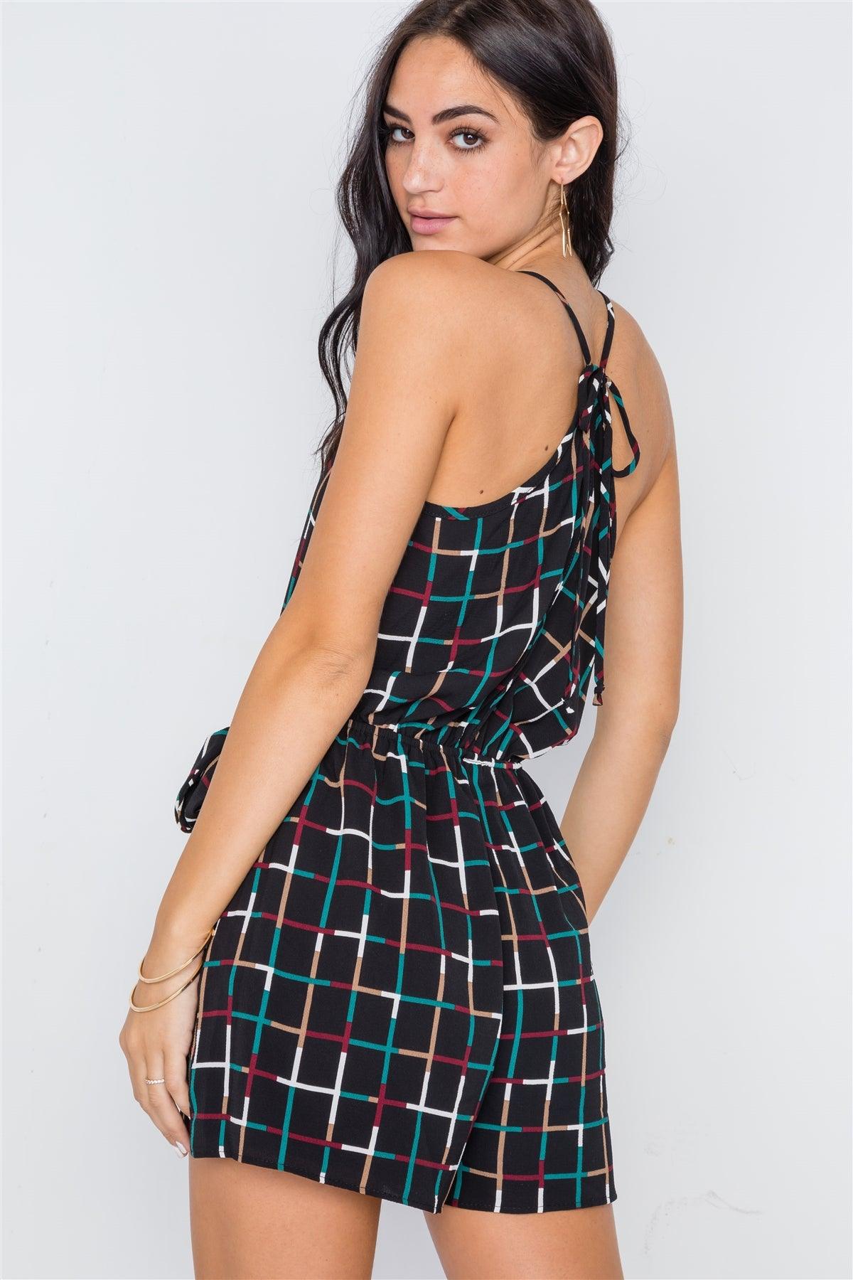 Multi Black Grid Print Cami Tie-Front Romper /2-2-2