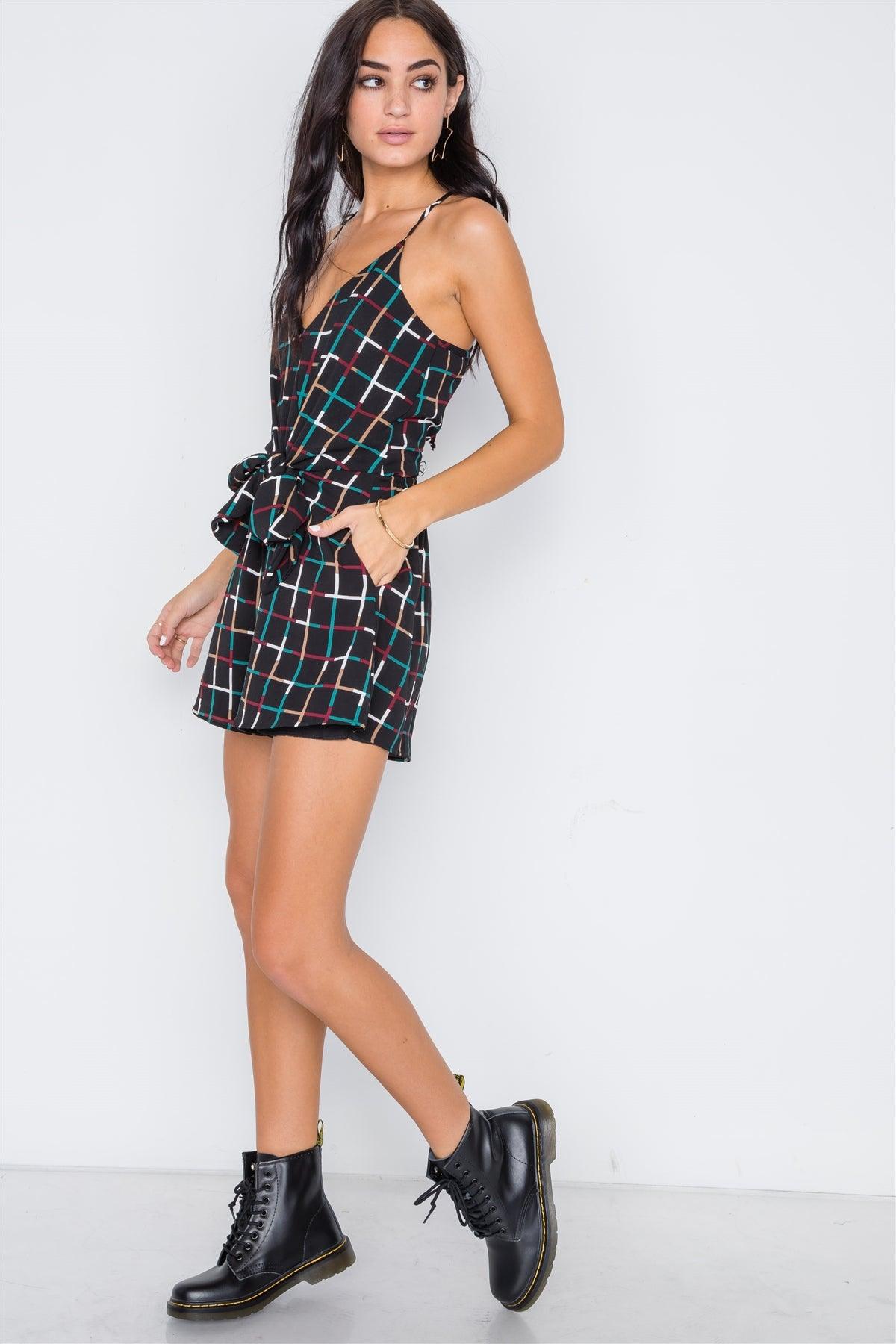 Multi Black Grid Print Cami Tie-Front Romper /2-2-2