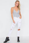 Heather Grey & Off White Stripe Front Roll Bodysuit /1-3-2