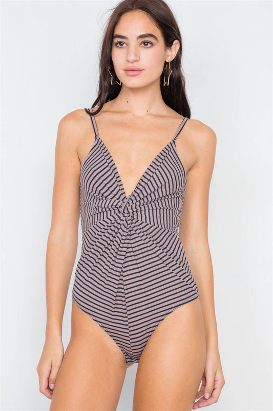 Navy & Mocha Stripe Front Roll Bodysuit /1-2-2