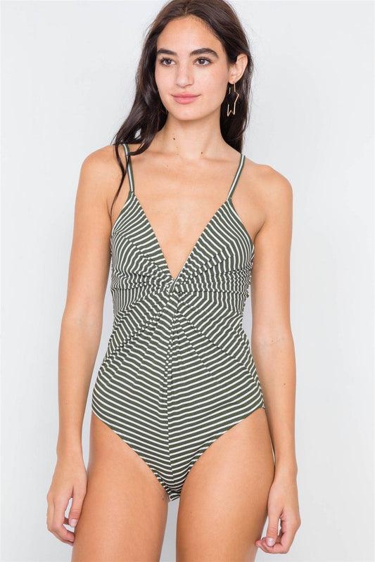 Olive & Off White Stripe Front Roll Bodysuit  /2-2-2