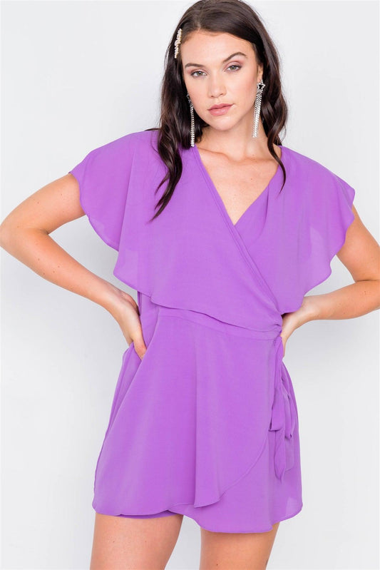 Purple Mock Wrap Butterfly Sleeve Romper  / 2-2-2