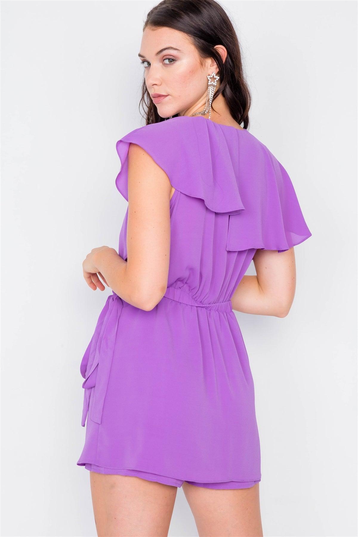 Purple Mock Wrap Butterfly Sleeve Romper  / 2-2-2