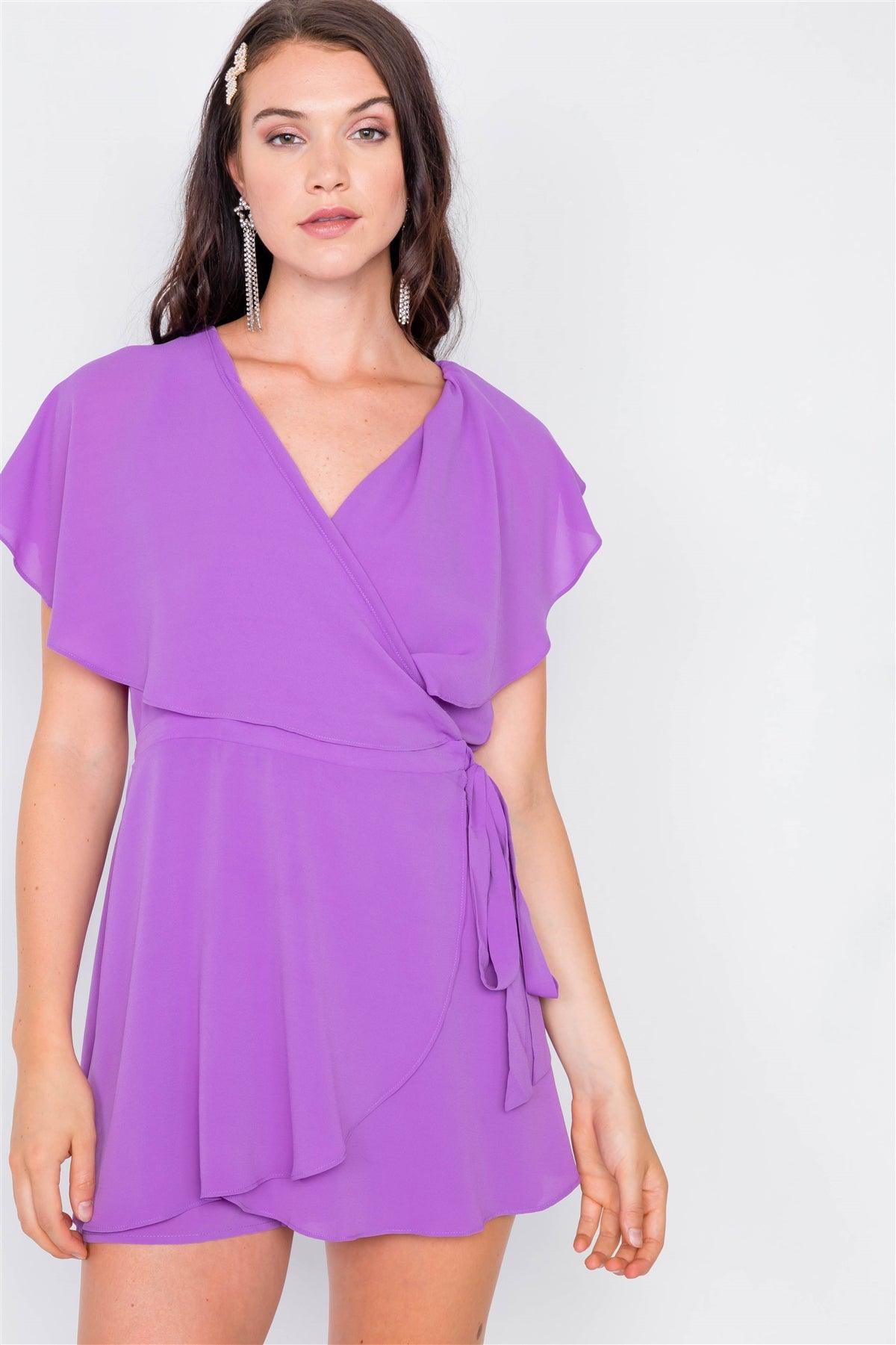 Purple Mock Wrap Butterfly Sleeve Romper  / 2-2-2