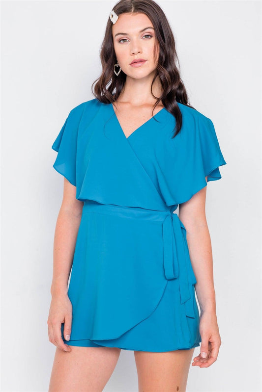 Turquoise Mock Wrap Butterfly Sleeve Romper / 1-2-2