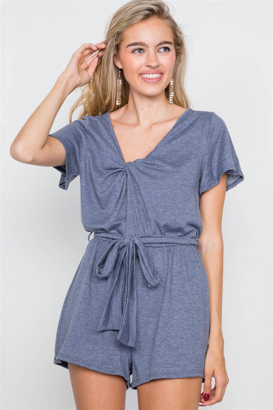 Denim Blue V-Neck Front Roll Knot Jersey Romper /2-2-2