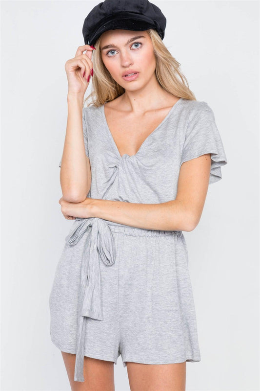 Heather Grey V-Neck Front Roll Knot Jersey Romper /2-2-2