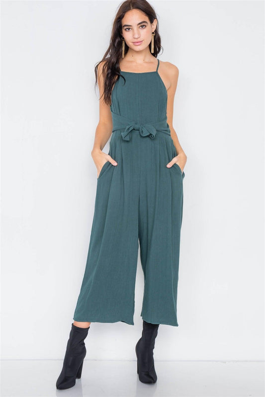 Heather Green Mock Wrap Pleated Gaucho Jumpsuit /2-2-2