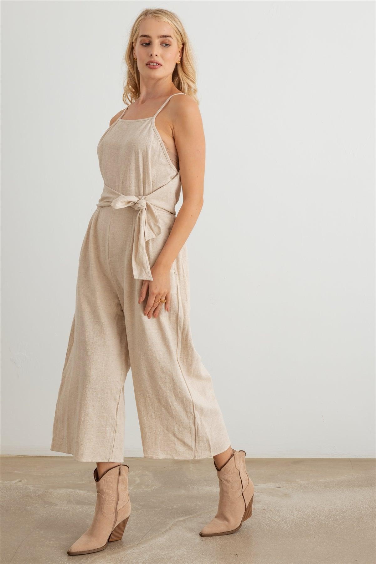 Natural Mock Wrap Pleated Gaucho Jumpsuit /3-2