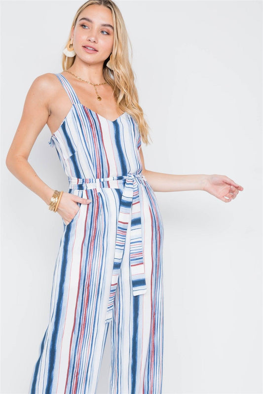 Navy Burgundy Stripe Wide Leg Jumpsuit /1-2-2