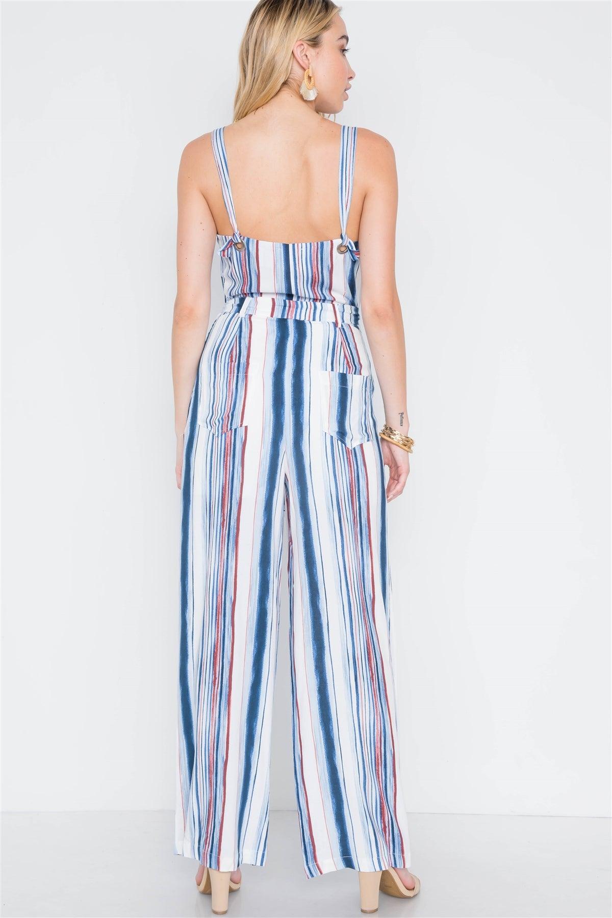 Navy Burgundy Stripe Wide Leg Jumpsuit /1-2-2