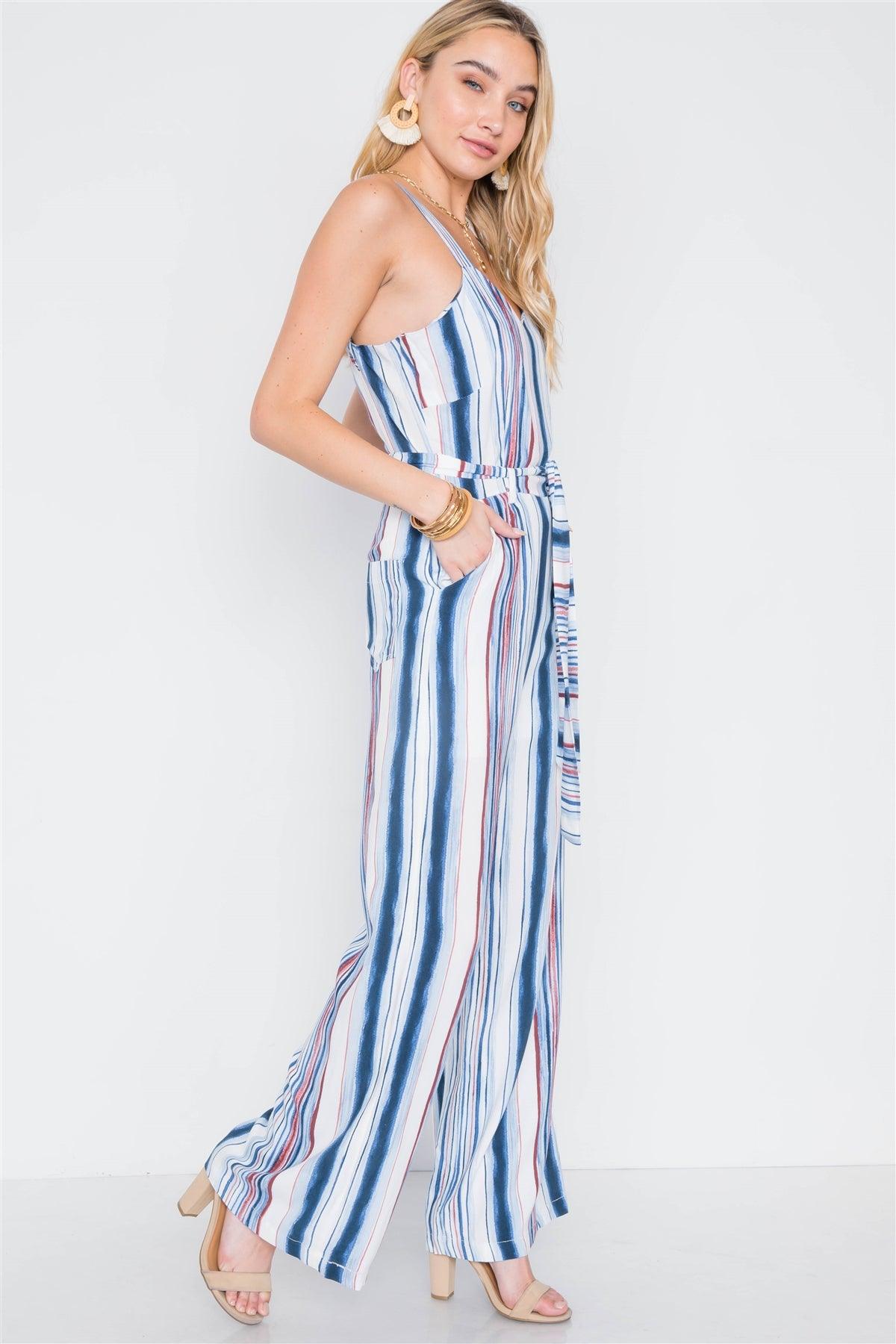 Navy Burgundy Stripe Wide Leg Jumpsuit /1-2-2