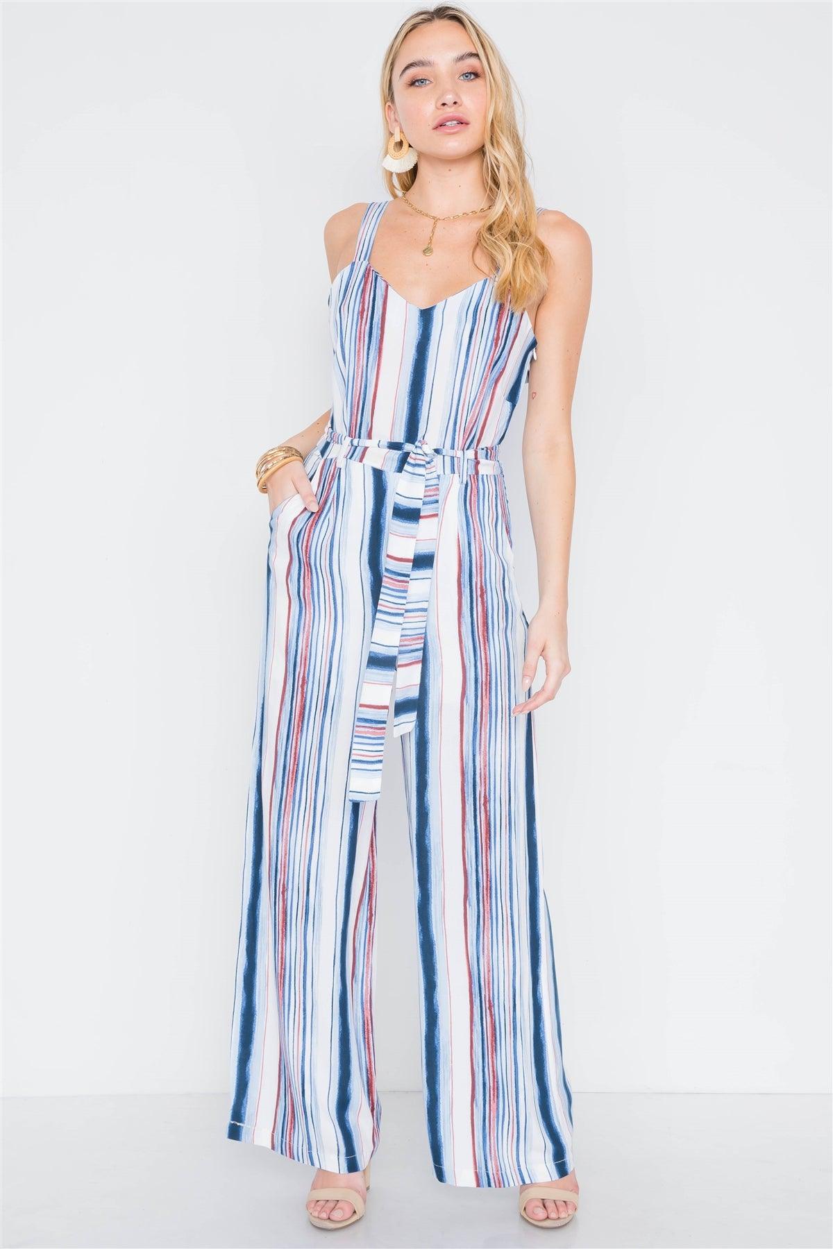 Navy Burgundy Stripe Wide Leg Jumpsuit /1-2-2