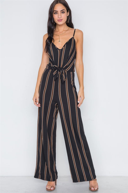 Black Stripe Knit Cami Front Tie Jumpsuit /2-2-2