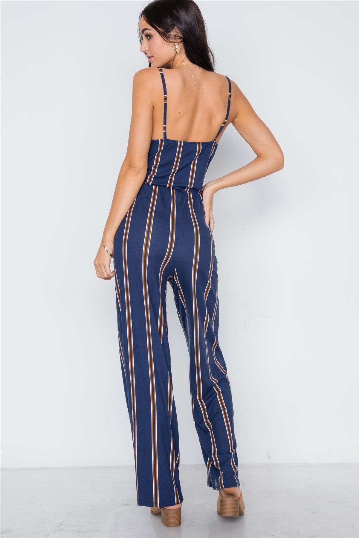 Multi Navy Stripe Knit Cami Front Tie Jumpsuit /2-2-2