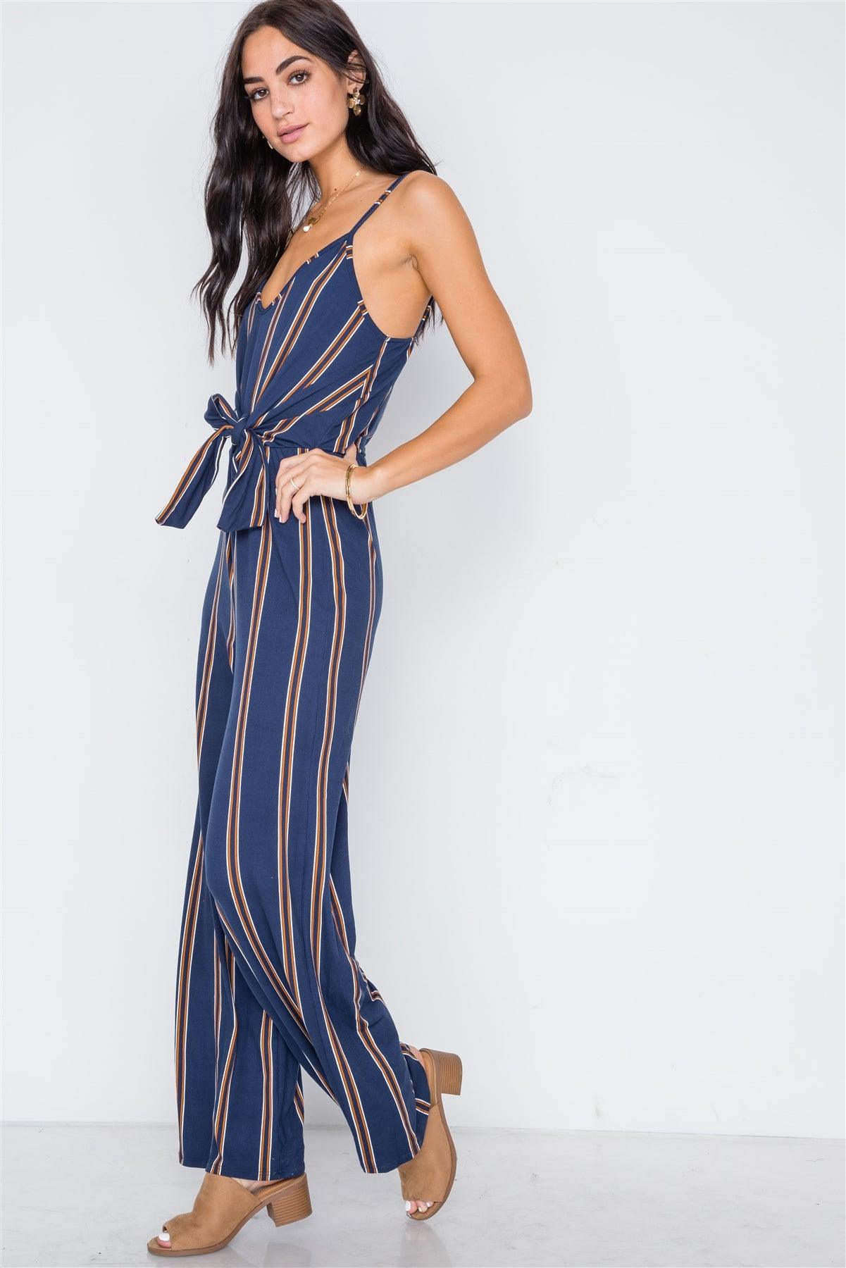 Multi Navy Stripe Knit Cami Front Tie Jumpsuit /2-2-2