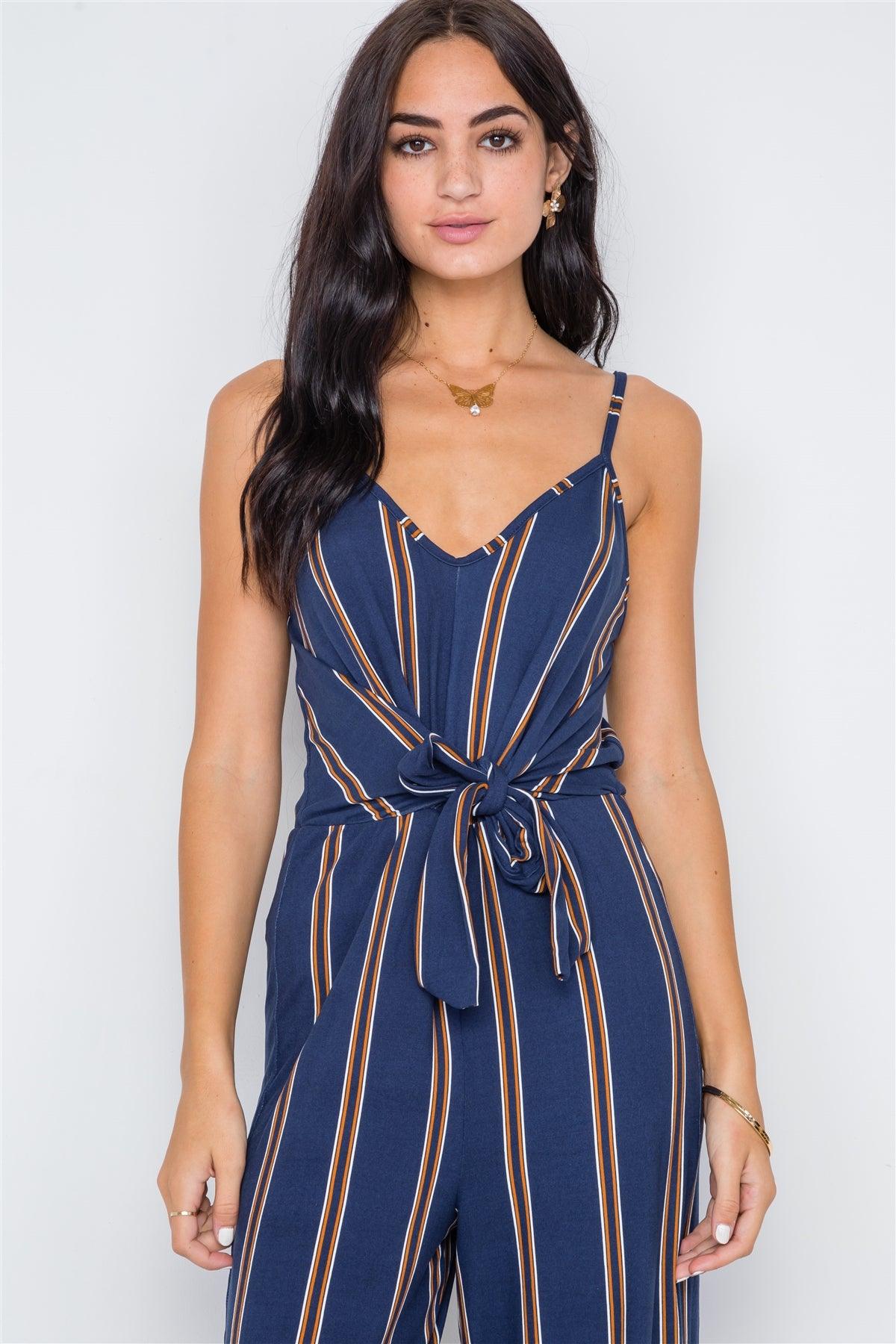 Multi Navy Stripe Knit Cami Front Tie Jumpsuit /2-2-2