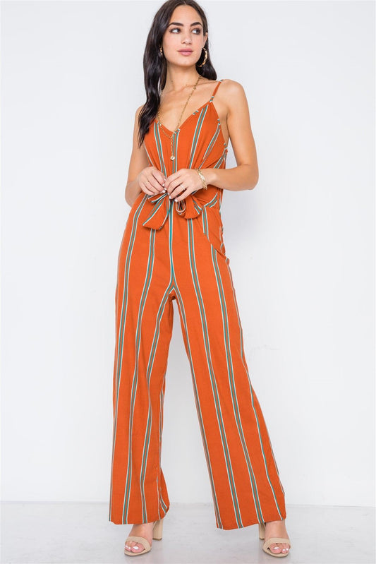 Multi Rust Stripe Knit Cami Front Tie Jumpsuit /2-2-2