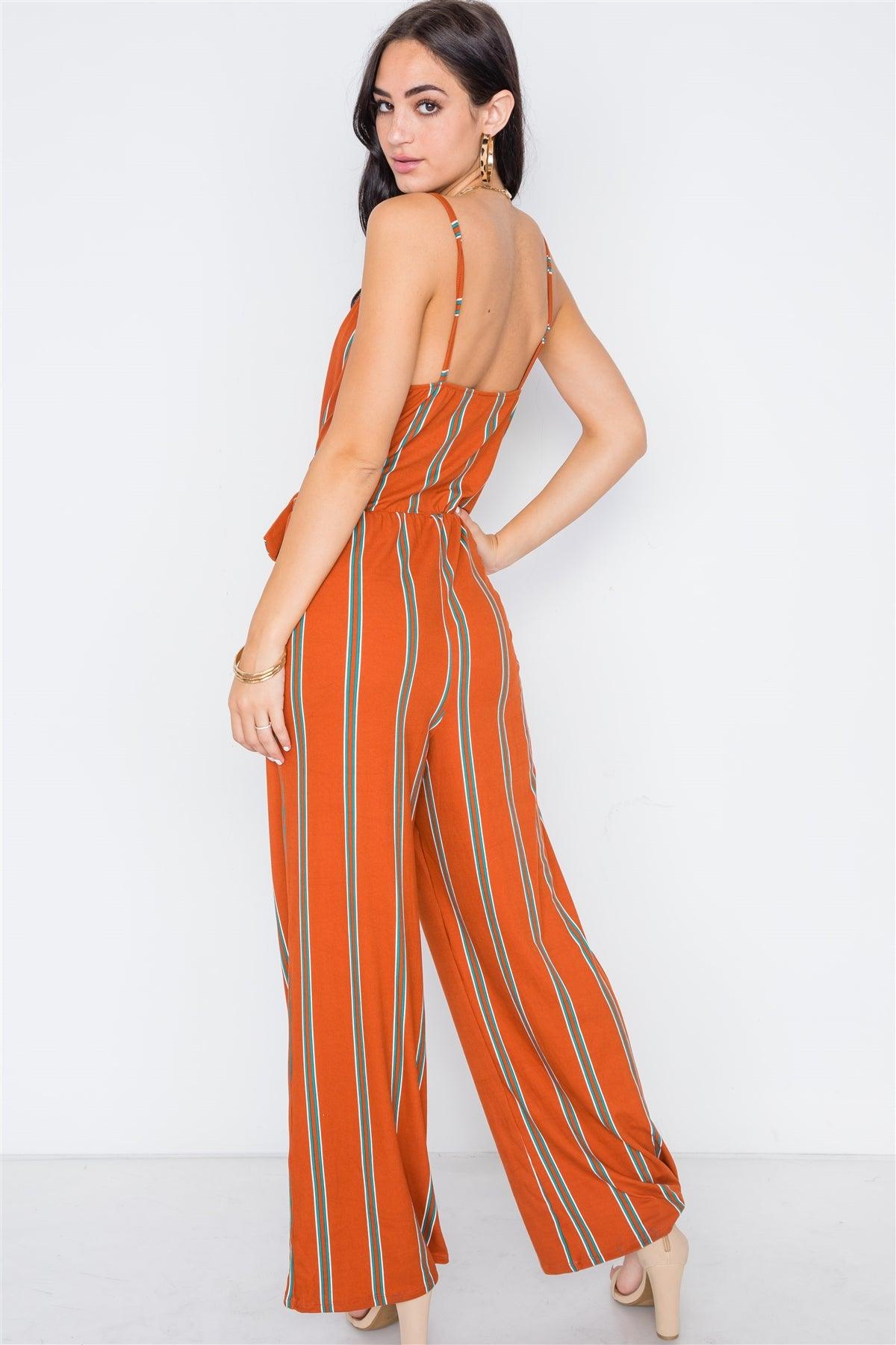 Multi Rust Stripe Knit Cami Front Tie Jumpsuit /2-2-2