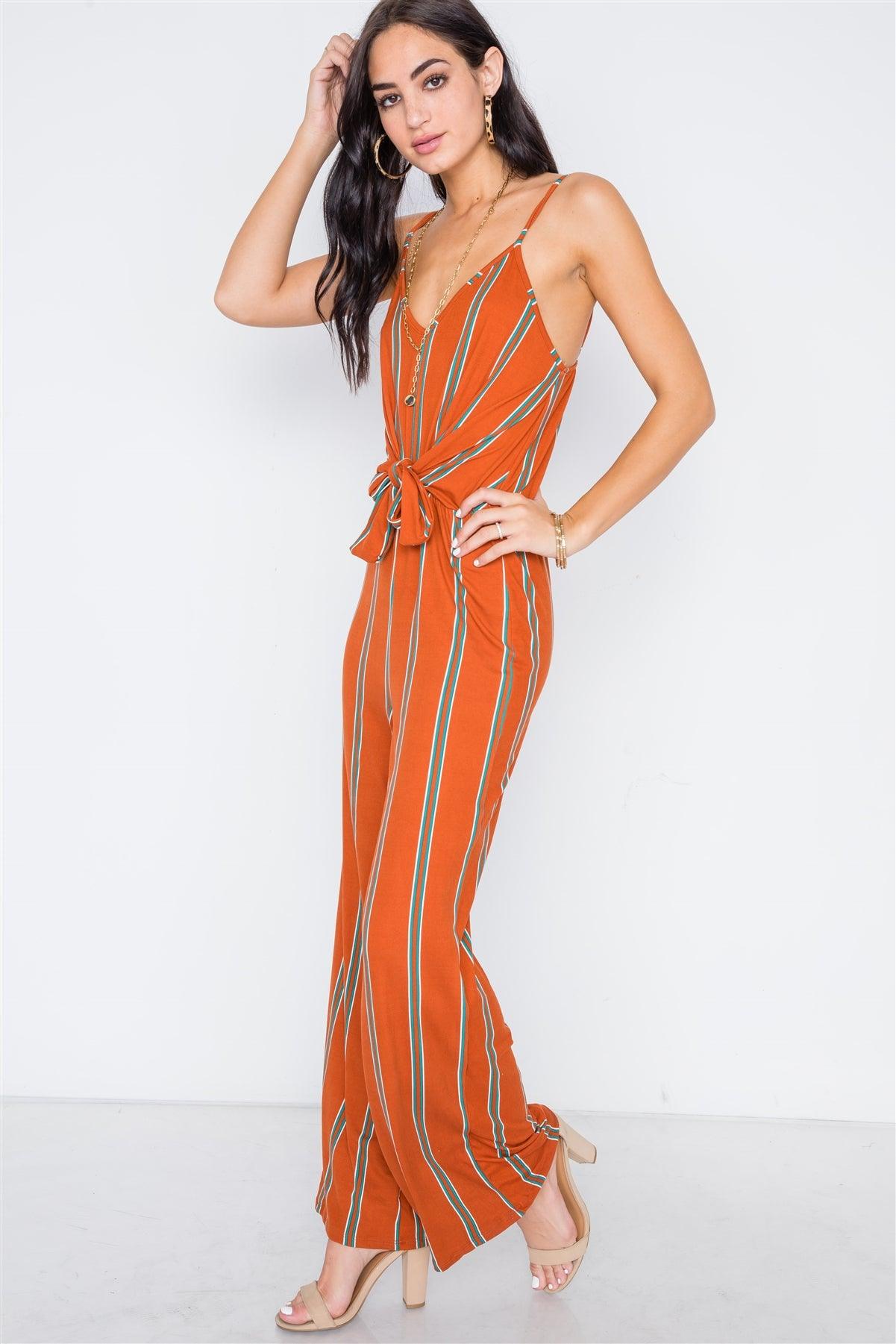 Multi Rust Stripe Knit Cami Front Tie Jumpsuit /4-2