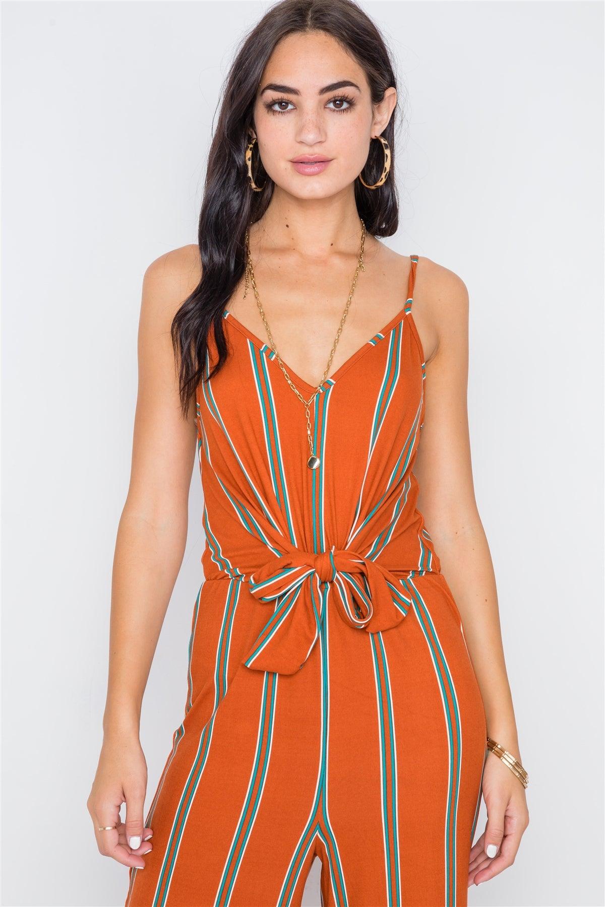 Multi Rust Stripe Knit Cami Front Tie Jumpsuit /4-2