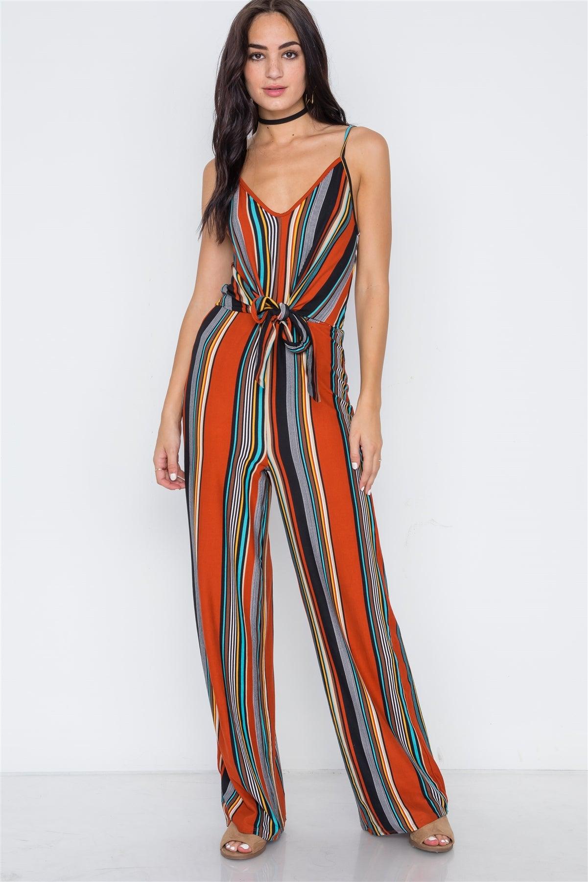 Multi Stripe Knit Cami Front Tie Jumpsuit /2-2-2