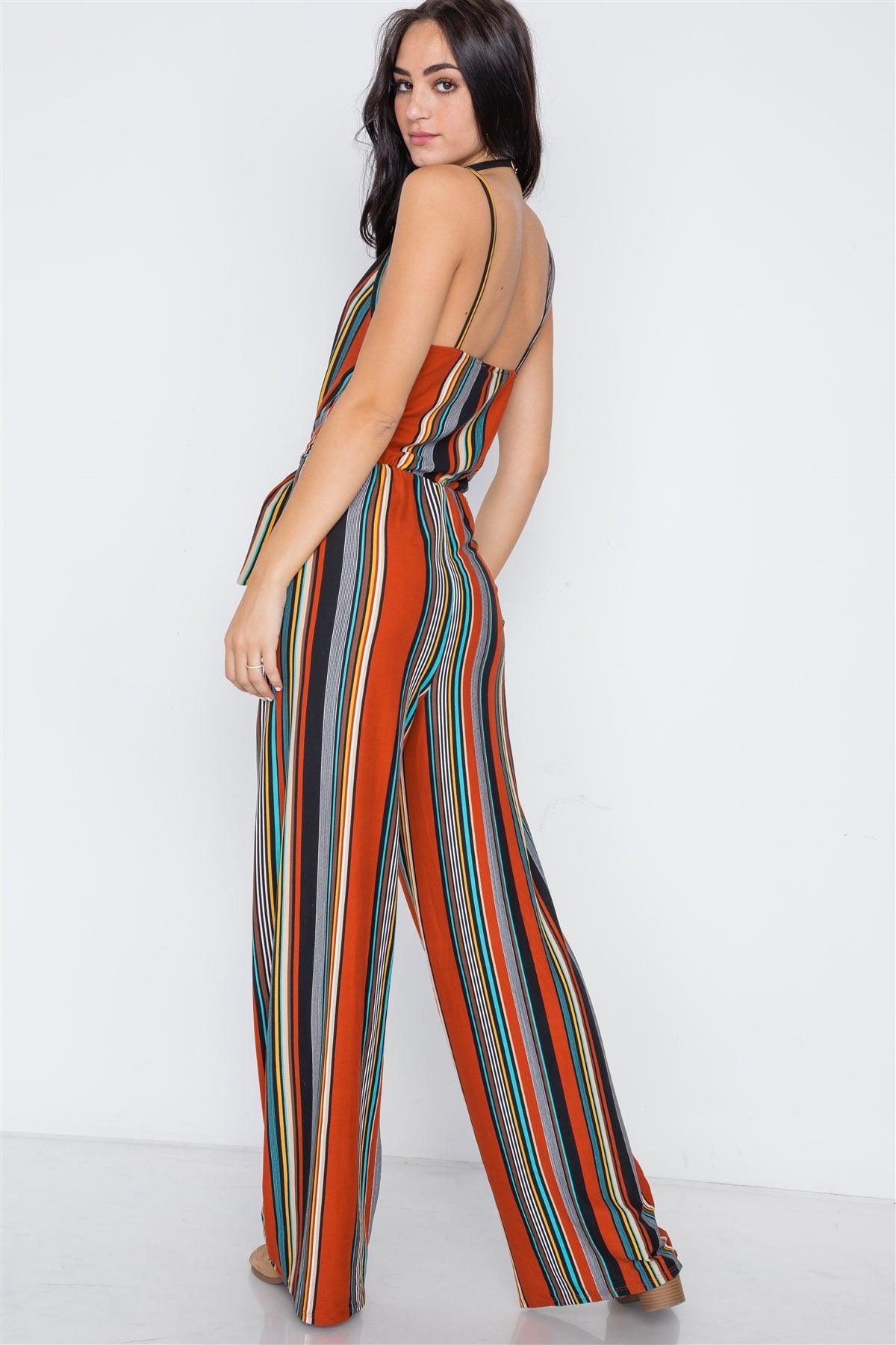 Multi Stripe Knit Cami Front Tie Jumpsuit /2-2-2