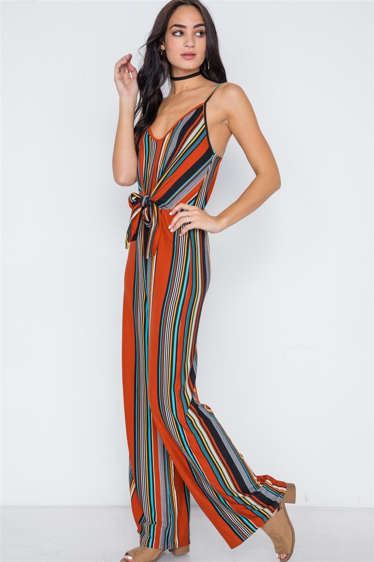 Multi Stripe Knit Cami Front Tie Jumpsuit /2-2-2