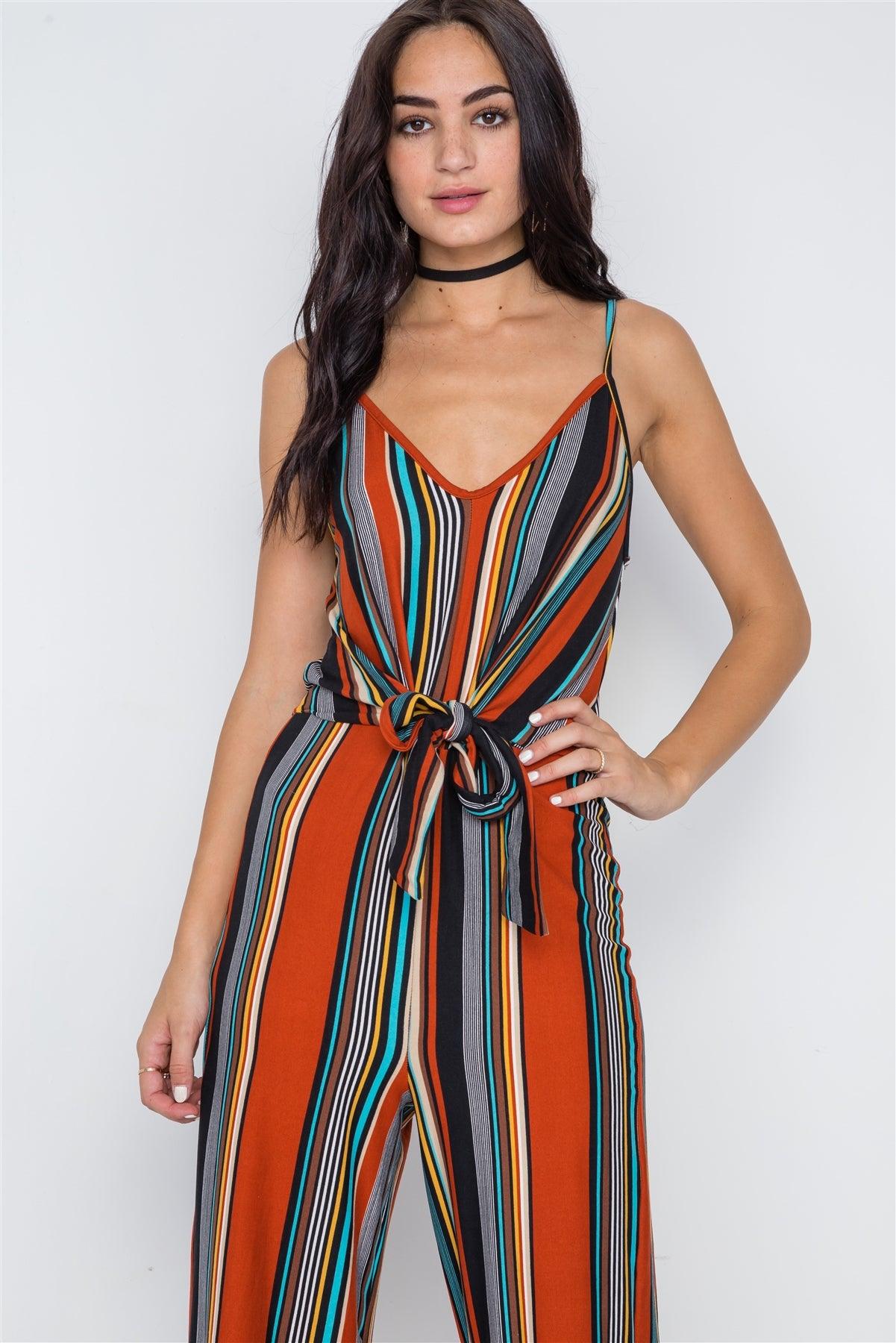 Multi Stripe Knit Cami Front Tie Jumpsuit /2-2-2