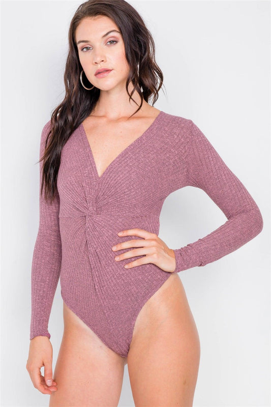 Purple Ribbed Front Knot Knit Bodysuit /2-2-2