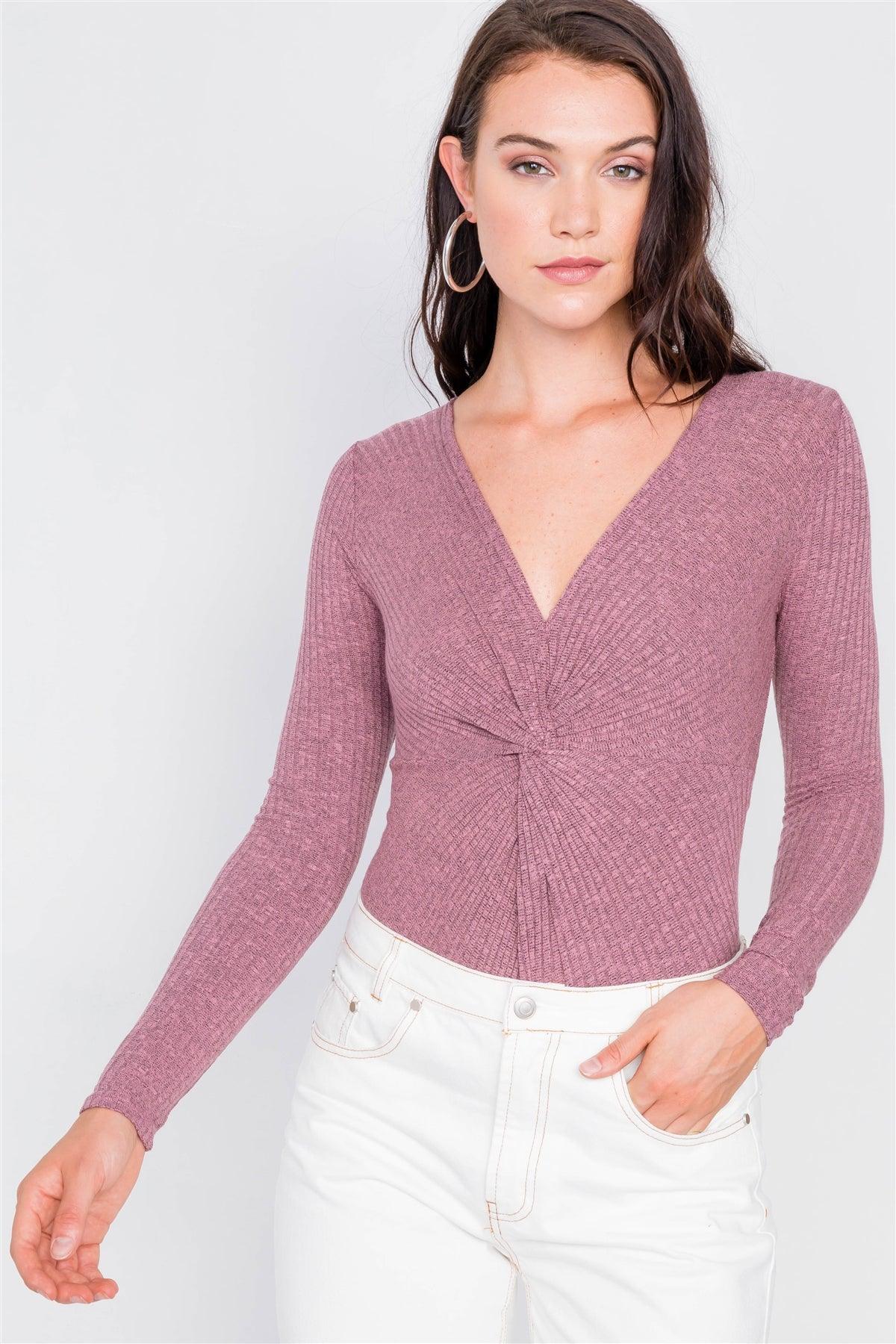 Purple Ribbed Front Knot Knit Bodysuit /2-2-2