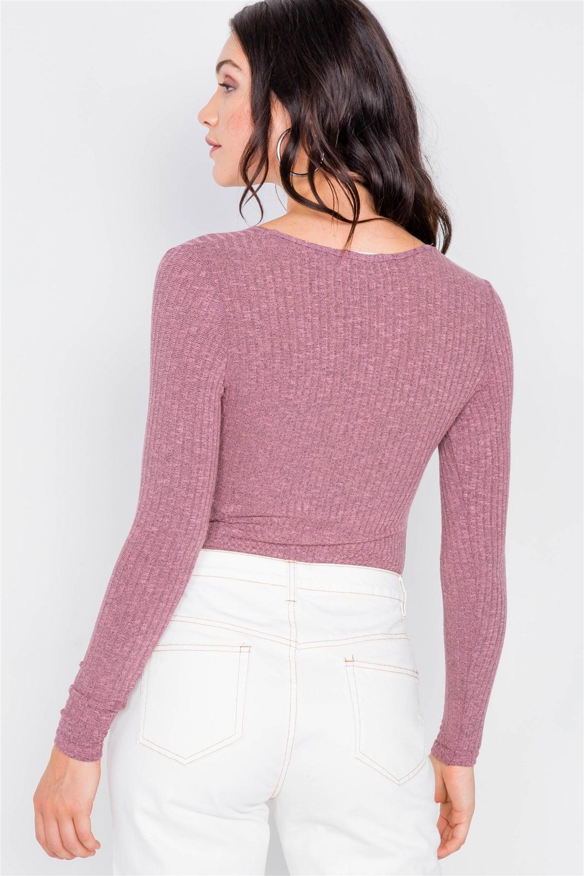 Purple Ribbed Front Knot Knit Bodysuit /2-2-2