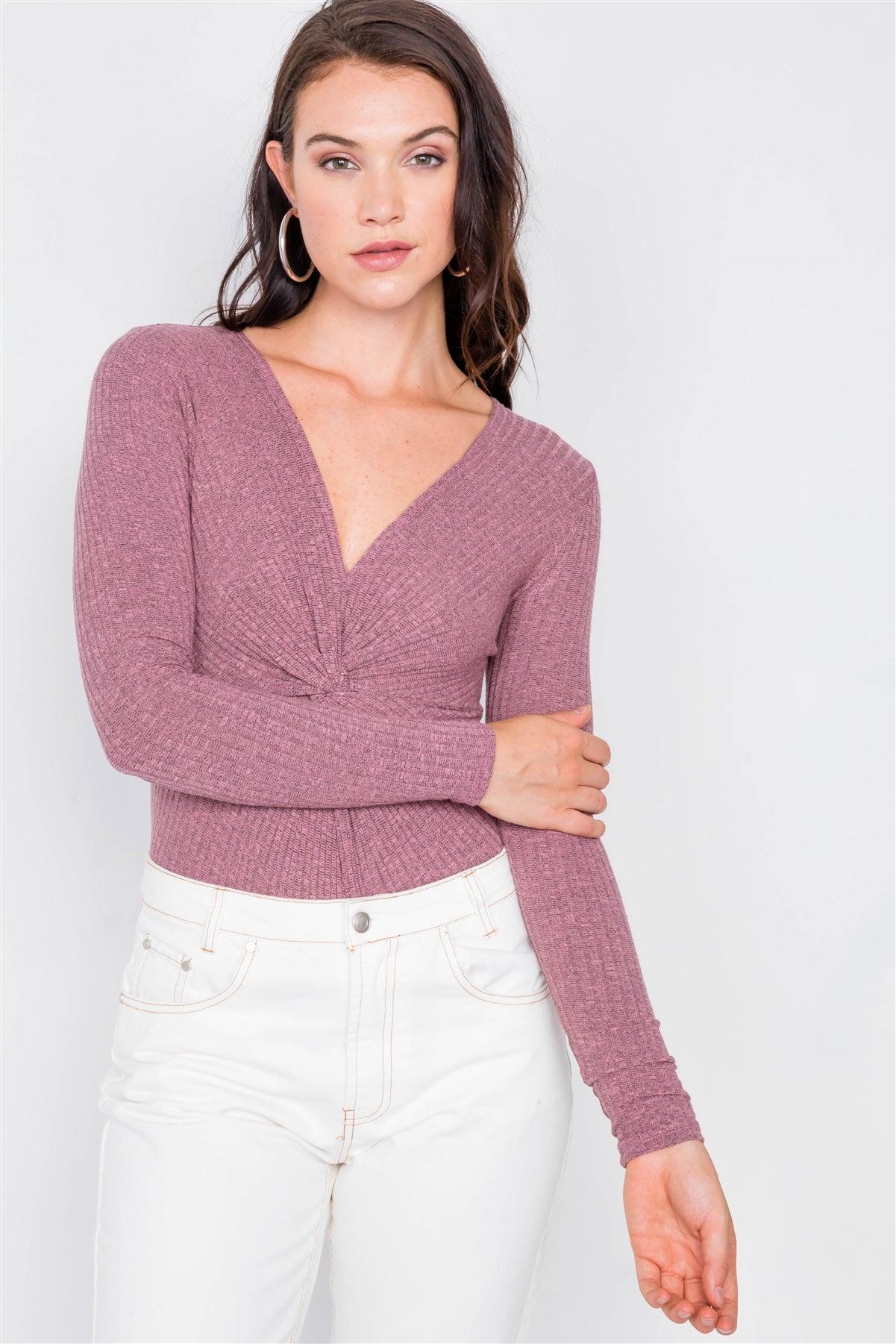 Purple Ribbed Front Knot Knit Bodysuit /2-2-2