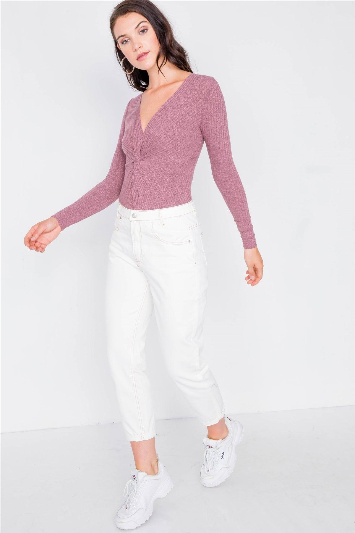 Purple Ribbed Front Knot Knit Bodysuit /2-2-2