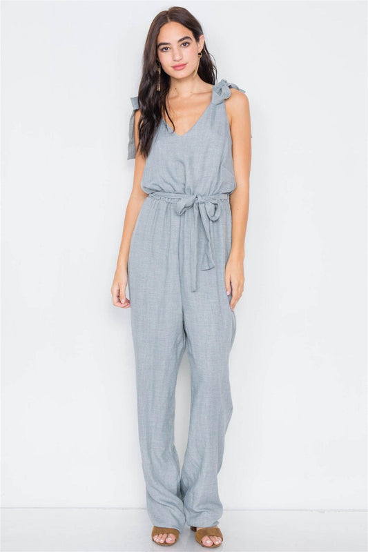 Light Blue Linen V-Neck Mock Wrap Jumpsuit  /3-2