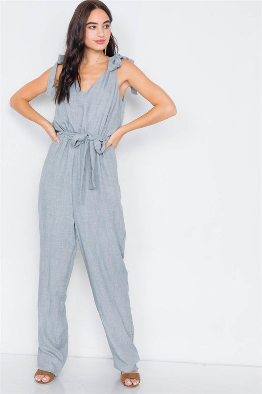 Light Blue Linen V-Neck Mock Wrap Jumpsuit  /3-2-1