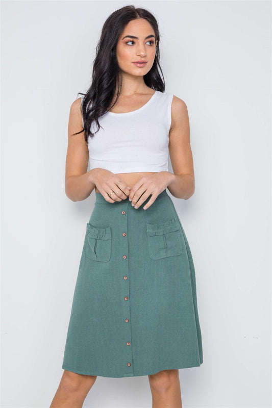 so Olive High Rise Rushed Pockets Button Detail Skirt /2-2-2